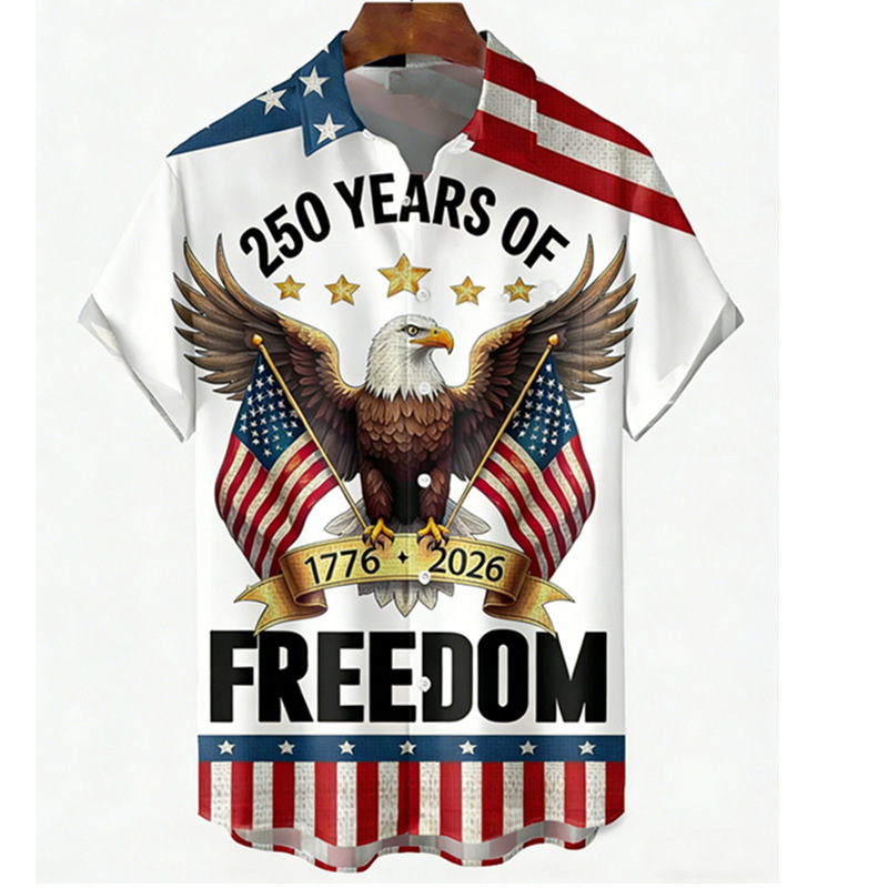 Men's Short-Sleeved Shirt American Independence Day White-Headed Eagle Print Shirt American Retro Casual Loose Men's Shirt