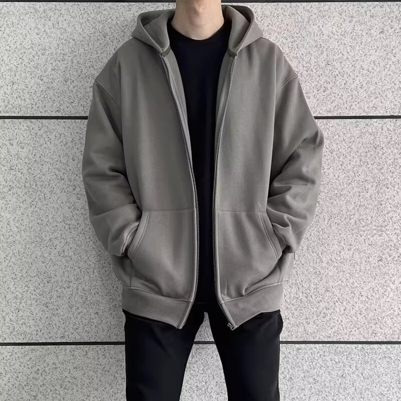 Fleece-Lined Loose-Fitting Sports Jacket for Men, Stylish Thickened Sweatshirt, American-Style Hooded Cardigan for Men