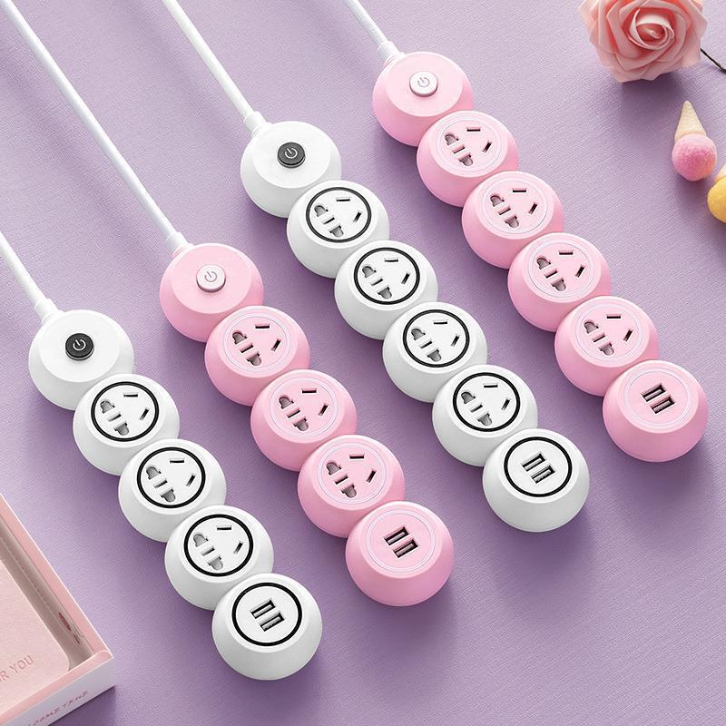 USB Multi-Port Plug for Student Dormitory, Home Use, Pink, Cute, with Cord, Power Strip Adapter