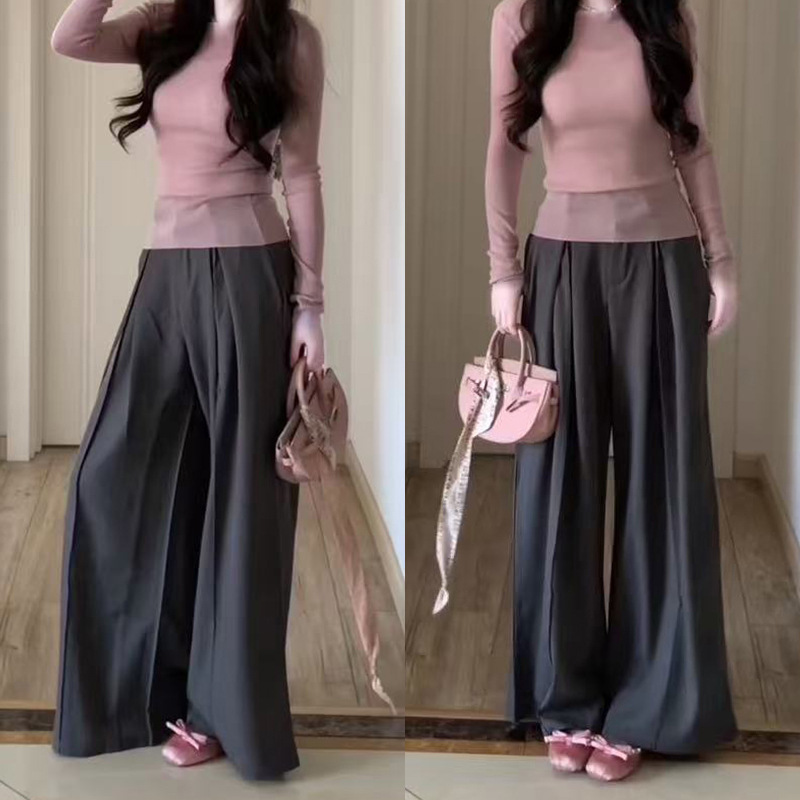 灰色西装裤女2025新款胖mm裤子宽松阔腿裤垂感高级感直筒休闲长裤