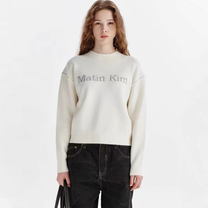 韩国matinkim 25秋冬休闲logo缝线宽松男女百搭针织圆领套头毛衣|undefined