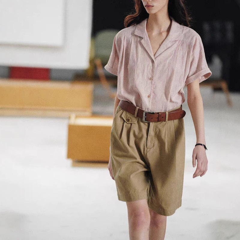 High Density Organic Cotton Shoulder Curled Sleeve Cuban Collar Striped Short Sleeve Shirt for Women