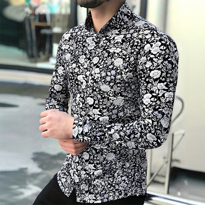 Foreign Trade Men's Extra Large Size Stretch Business Long-Sleeved Shirt Men's Thin Fashion Casual Men's Printed Jacket Wholesale