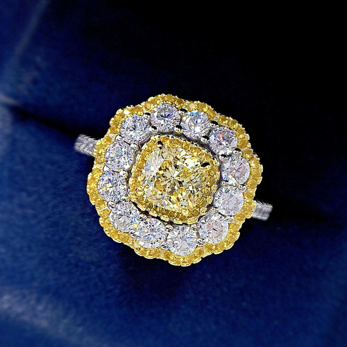 Yellow pink 2 carat main stone radiant yellow diamond gemstone ring for women luxury simulated diamond ring dropshipping