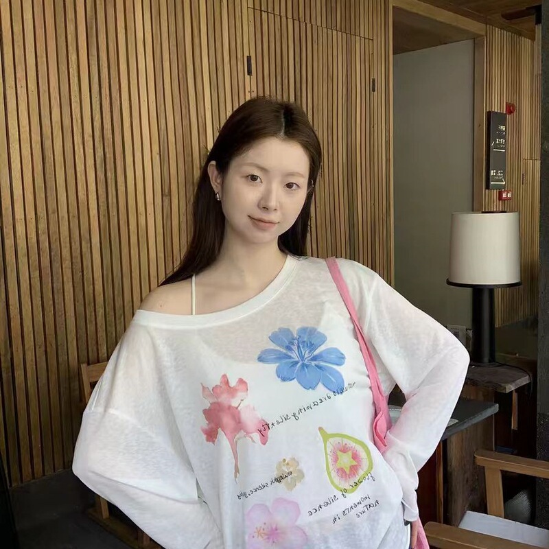 American Retro Long-Sleeved T-Shirt for Women, Summer Resort Style Design, Loose and Lazy Style Top American Retro Long-Sleeved T-Shirt for Women, Summer Resort Style Design, Loose and Lazy Style Top