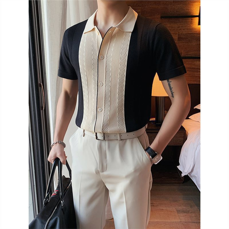 Lel Collar Ice Silk T-shirt Men's Short-sleeved High-end Contrast Color Hollow-out Summer Thin Knitted Polo Shirt Slim-fit Trendy Light Luxury