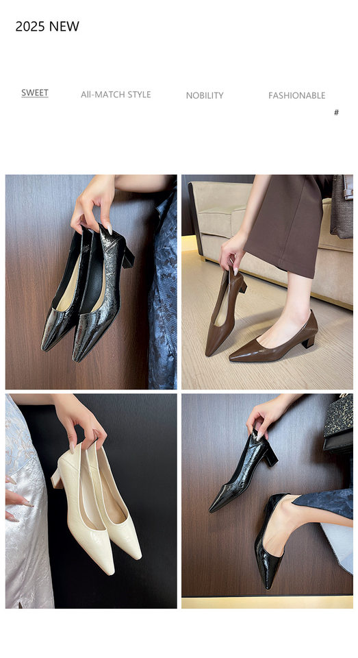 Giày cao gót nữ mũi vuông gót thô 3–6 cm kiểu Pháp thanh lịch, đế cao su, đi làm dự tiệc — Màu cà phê, Màu trắng ngà, màu đen chi tiết 2