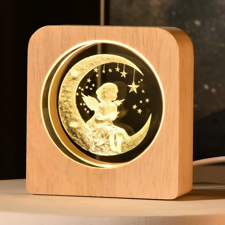 [跨境星球小夜灯3D图案内雕发光水晶桌面摆件木质底座景观节日礼物]