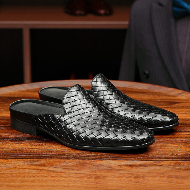 Baotou Slippers Men's Genuine Leather Outwear Summer British Breathable Hand-woven Business Casual Muller Shoes Half Slippers