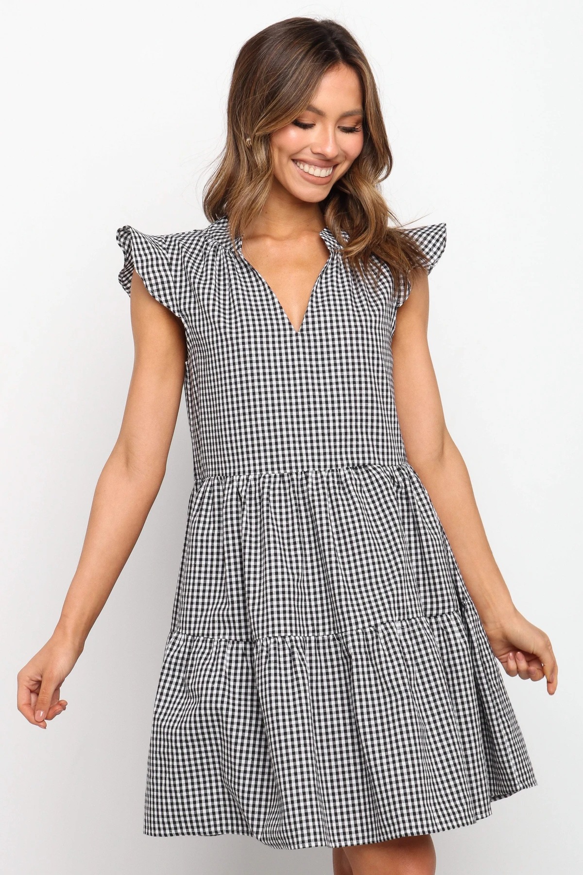 summer new style V-neck pleated plaid dress  NSYD36531