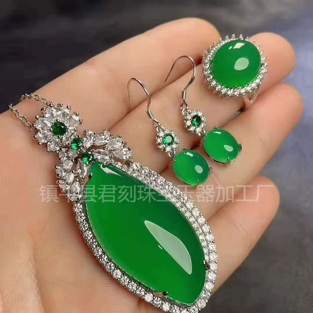 (Wholesale), stone inlay, set, ring, necklace, earrings, accessory jade, silver 925 sample, diamond encrusted