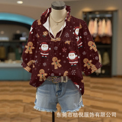 2025欧美独立站女士V领泡泡袖短袖上衣  圣诞节元素印花短袖T恤