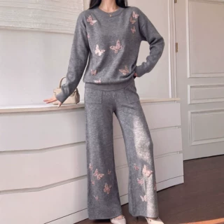 欧美潮流针织两件套女2026秋冬新款烫钻蝴蝶宽松休闲毛衣阔腿裤套