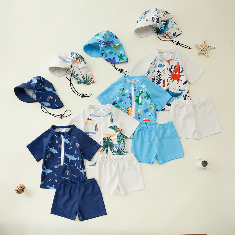 Cross-border children's clothing boy's full-print one-piece swimsuit boy's baby's half-open one-piece swimsuit children's swimsuit hat