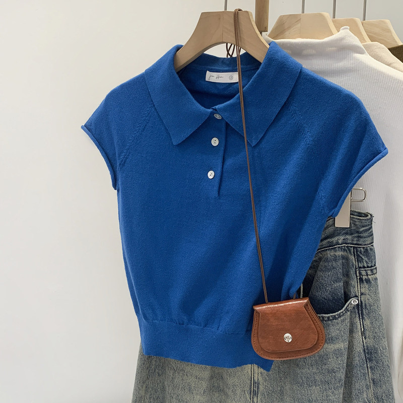 High-End Navy Blue Polo Collar Short-Sleeved Knitwear for Women Summer 2026 New Style Unique and Chic Short T-Shirt Top