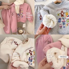 韩国儿童套装2023新款男女童卡通加绒加厚休闲卫衣卫裤冬装两件套