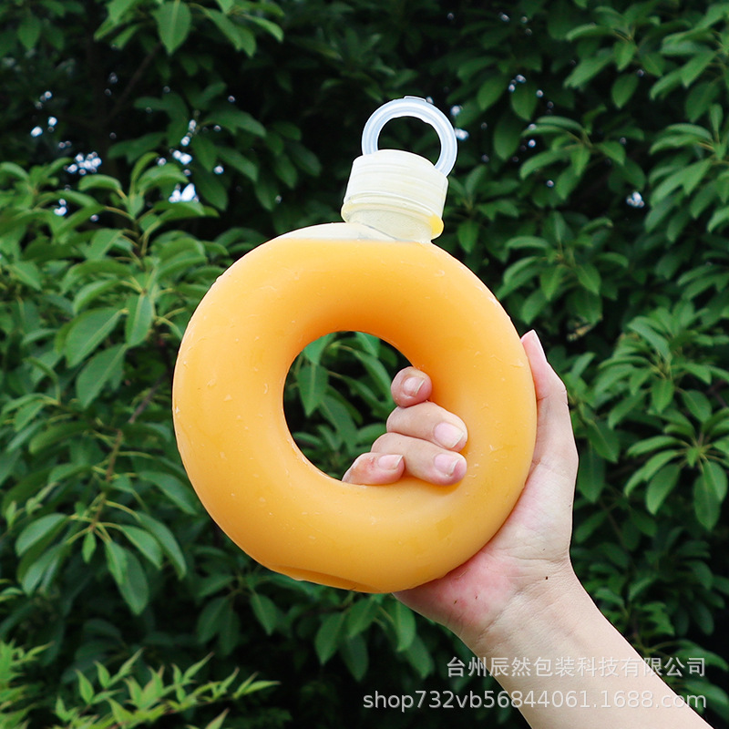 Spot 500ml Donut Pp High Temperature Resistant Disposable Milk Tea Juice Bottle Satchel Circle Bottle with Pull-Tab Lid