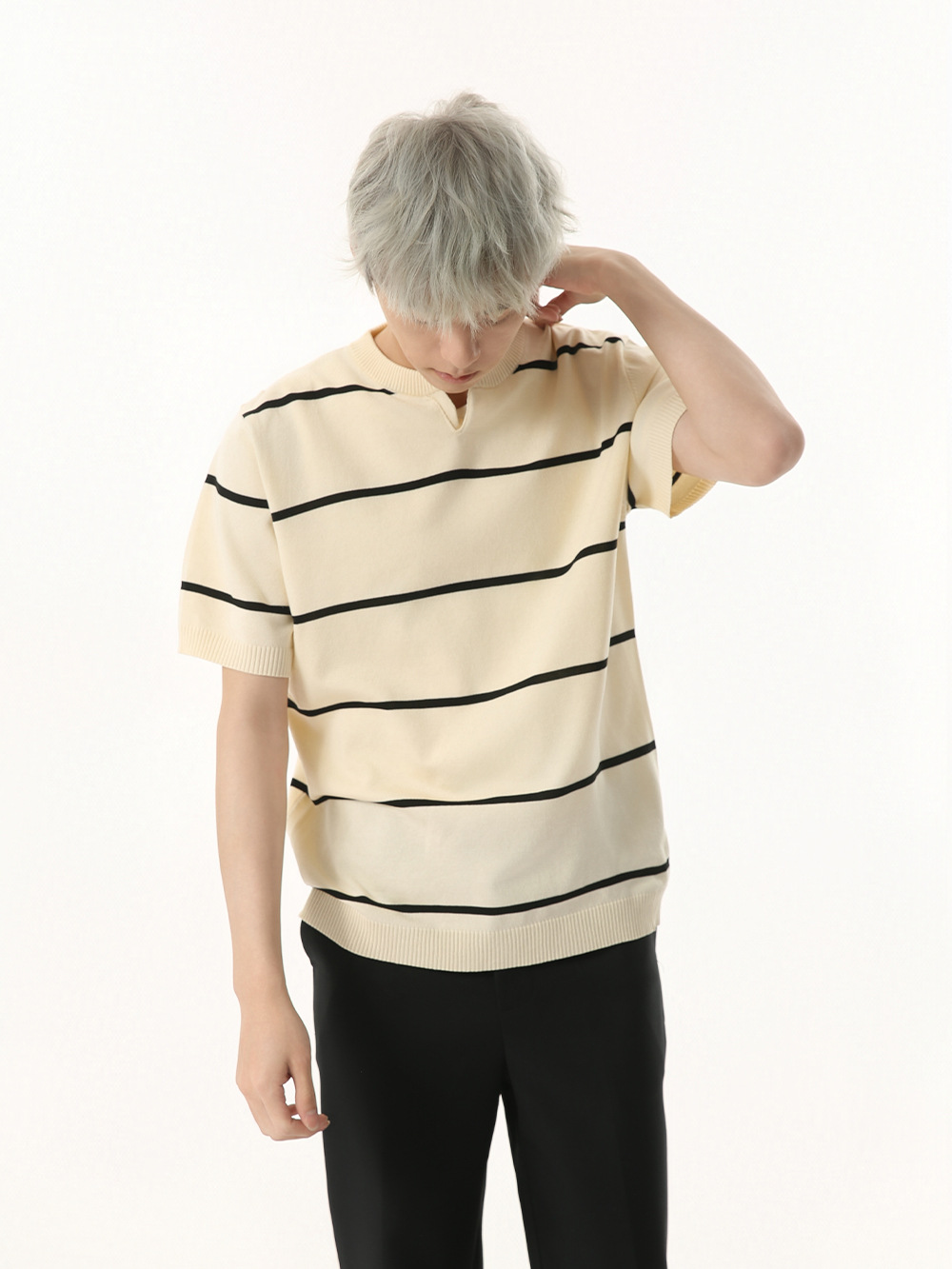 MTLCLOTHES Hombres| Retro japonés V-collar rayas de color contrastante jersey camisa de manga corta universal de viaje diario