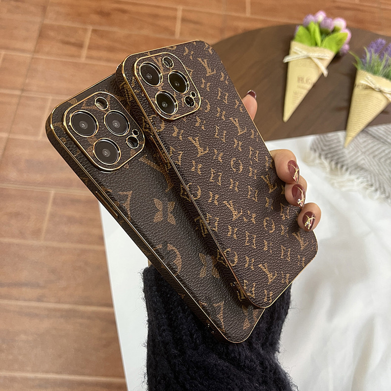 Luxurious Leather Case with Monogram Design Suitable for Apple 15 Pro Max, iPhone 16 Protective Cover, Trendy Brand for 11, High-End for 12