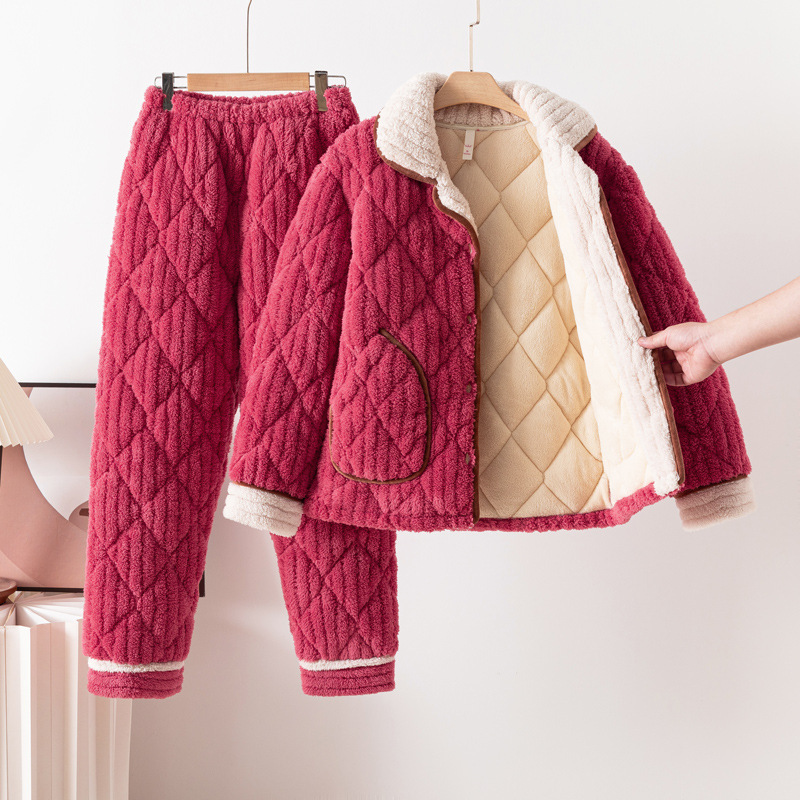 Winter Three-Layer Quilted Pajamas for Women, Coral Velvet, Thickeneded and Velvet, Warm and Wearable, Flannel Home Wear Set