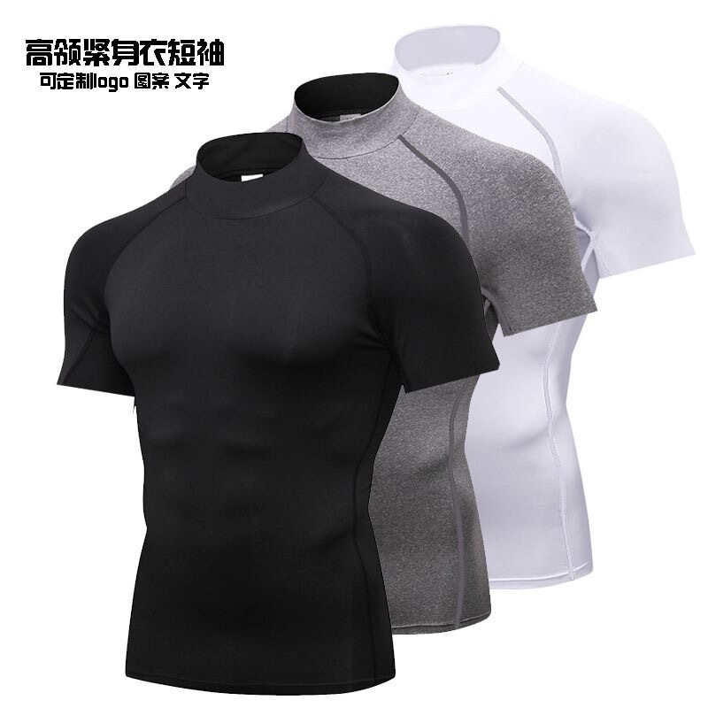 High-Neck Short-Sleeved Bodysuit Men's Summer Elastic Quick-Drying T-Shirt Running Fitness Track and Field Training Sweat-Absorbent Bottoming Shirt