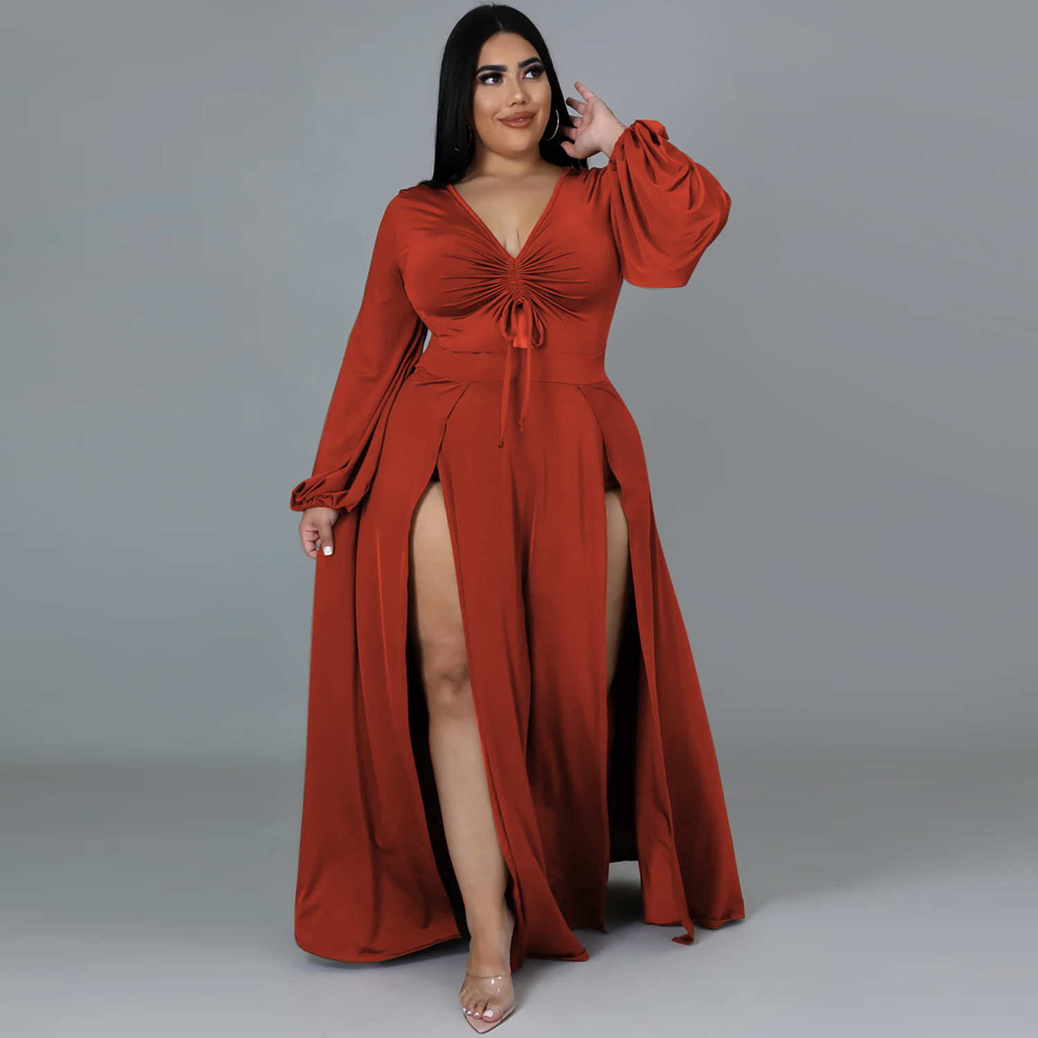 Solid Color Plus Size V-Neck Long-Sleeved Hollow Split Lace-Up Dress With-Separate-Panty NSXYZ110900