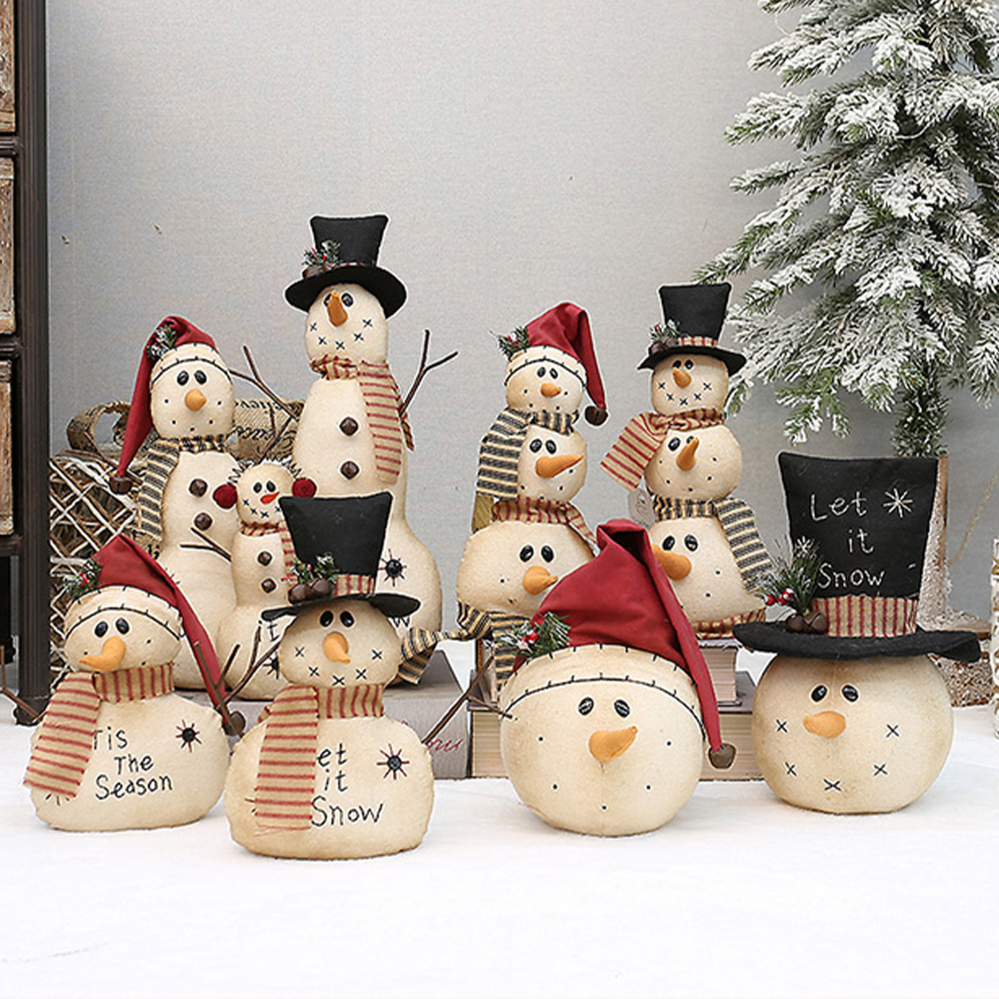 Boneco de Neve Vintage em Linho - Figuras de Natal Bordadas à Mão com Cartola e Cachecol para Decorações Natalinas Nórdicas Aconchegantes_voghion.com