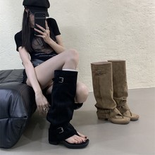 罗马凉靴女夏季镂空夹趾长靴2025新款法式粗跟长筒靴绒面裤管靴子