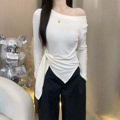 2025早秋新款韩系下摆不规则开叉收腰设计感显瘦百搭斜肩长袖T恤
