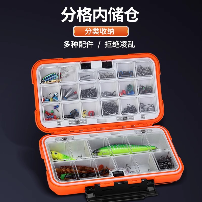 Caja de accesorios de pesca Caja de doble cara de carretera pequeña Caja de cebo de carretera Caja de almacenamiento de anzuelo de pesca de herramienta de doble capa de equipo de pesca Cebo falso portátil