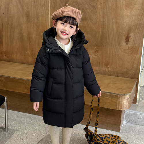 Children's Long Black Gold Thick Down Cotton Winter School Uniform Over Knee Volcano Cotton Coat - 2024 New Model for Export