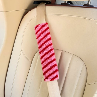 Plush Car Seat Belt Shoulder Protector Children's Anti-Stranglehold Shoulder Protector Cute Striped Car Seat Belt Protector (Seat belt shoulder pad) - moon-velvet-striped-shoulder-pads-rose-red-twill