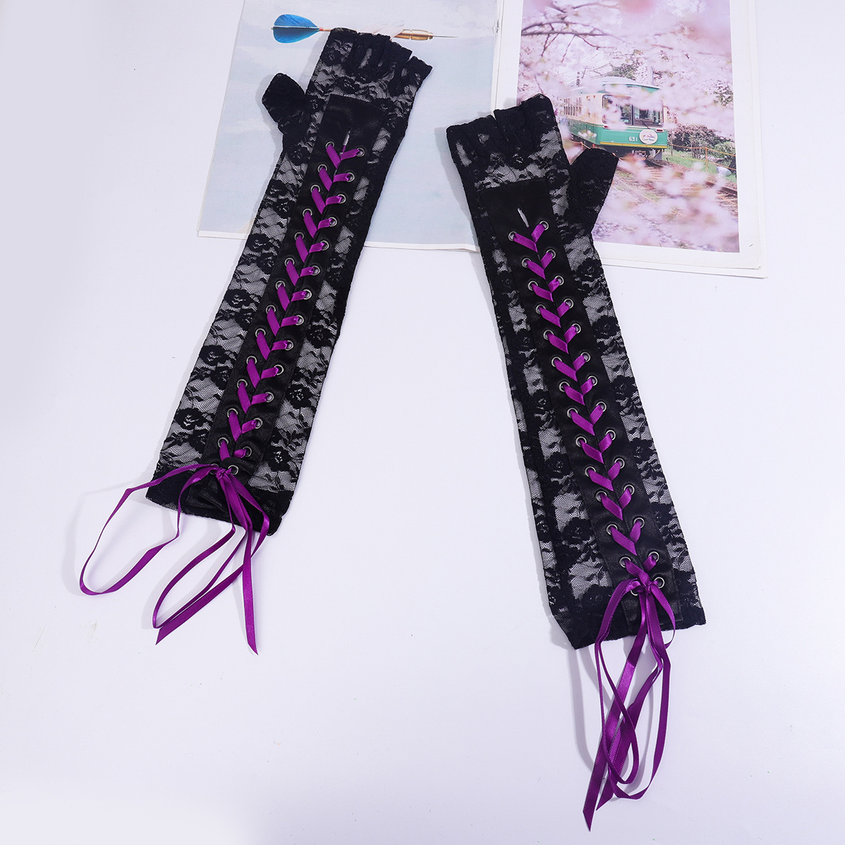 Miskon sexy medio dedo guantes de las mujeres largas con cordones mangas punk fiesta de halloween