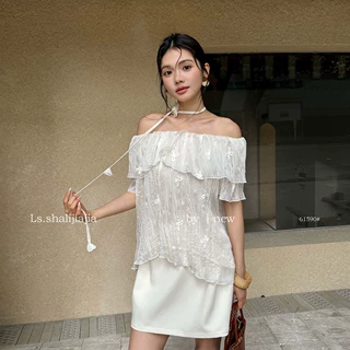 LS 甜美时尚一字肩刺绣小衫女广州十三行2026夏季新款上衣61590#