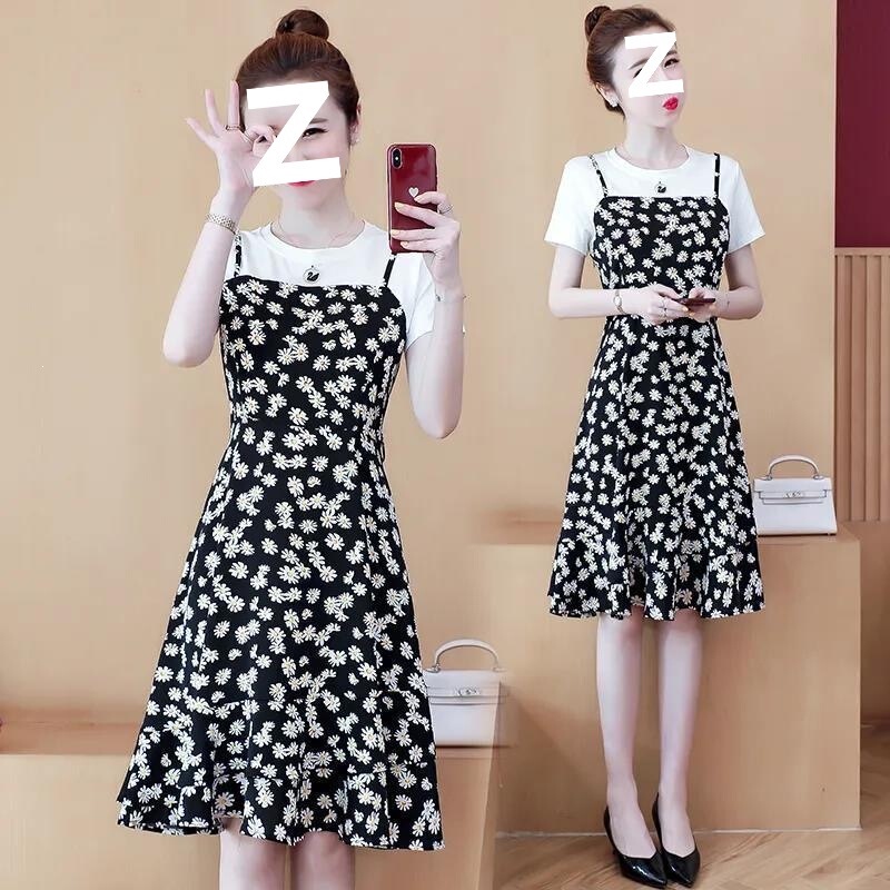 Little Daisy Dress for Women, Korean Style Summer Wear, New Style, Fake Two-Piece, Mid-Length A-Line Skirt, Floral Chiffon Skirt