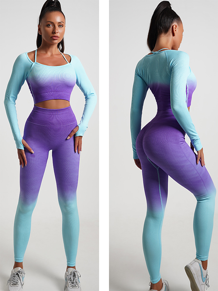 Casual Gradient Color Nylon Halter Neck Active Sets T-shirt Leggings display picture 9