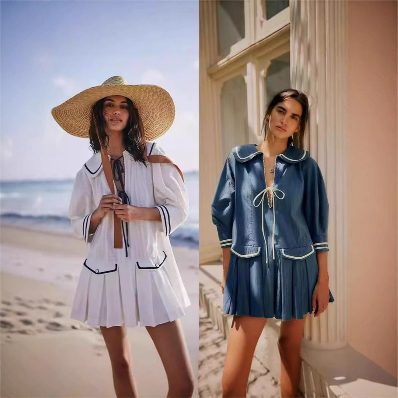 French-Style Niche 2025 Autumn and Winter New Age-Reducing Sailor Collar Tie Puff Sleeve Pleated Dress for Women