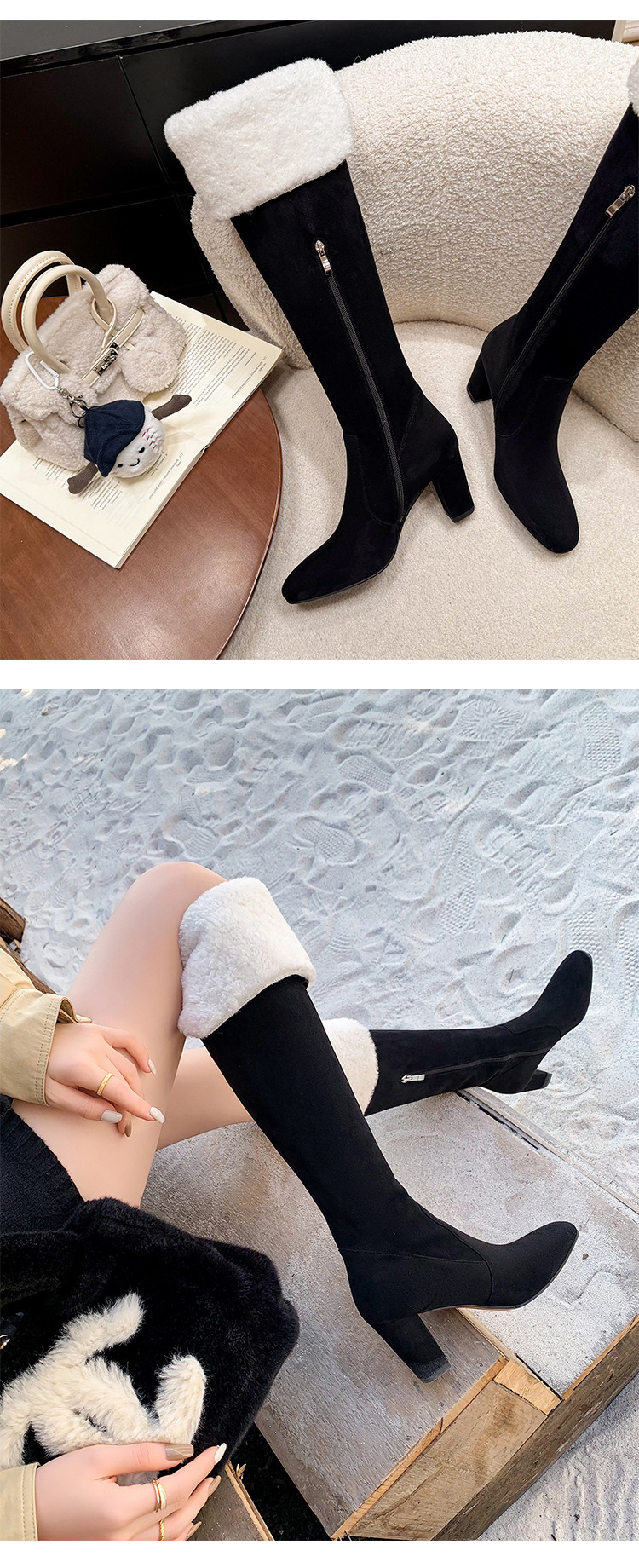 Boot nữ cổ cao ôm bắp chân lông cừu ấm, gót thô 5 cm, phong cách cưỡi ngựa — màu đen chi tiết 17