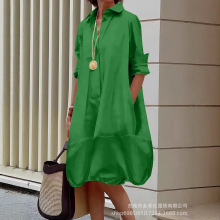 2025跨进欧美亚马逊新款长款衬衣纯色气质通勤简约翻领开衫连衣裙