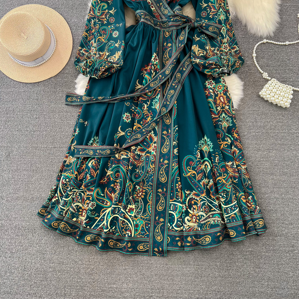 Retro Court Style Lantern Dress Long Sleeved V Neck Belted a Line Printed Elegant Full Skirt for Women_ecoleips.com