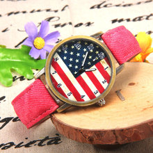 英伦复古欧美风手表男女学生美国国旗图案手表皮带青古铜头石英表