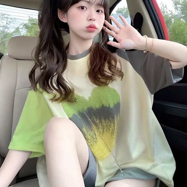 Plus-Size 150kg American Retro 100% Cotton Heart-Shaped Color-Blocking Short-Sleeve Trendy Loose Retro T-Shirt Women's Designer Top Plus-Size 150kg American Retro 100% Cotton Heart-Shaped Color-Blocking Short-Sleeve Trendy Loose Retro T-Shirt Women's Designer Top