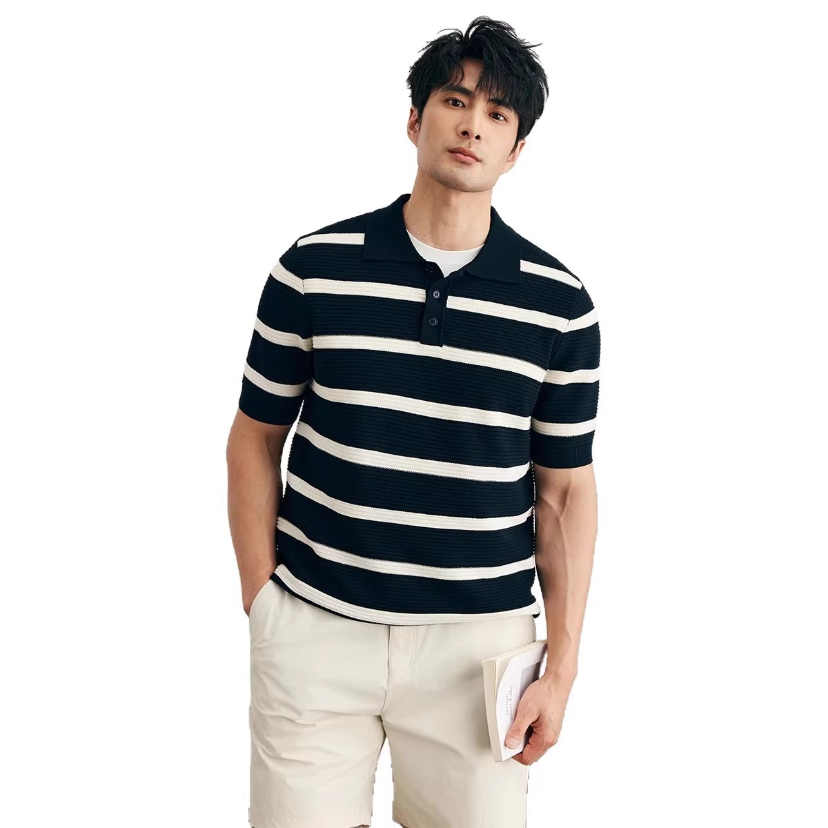 Camiseta polo con solapa de manga corta camiseta de punto hombre gran rayas de contraste de color inglés de negocios de verano hielo comercio exterior al por mayor transfronterizo