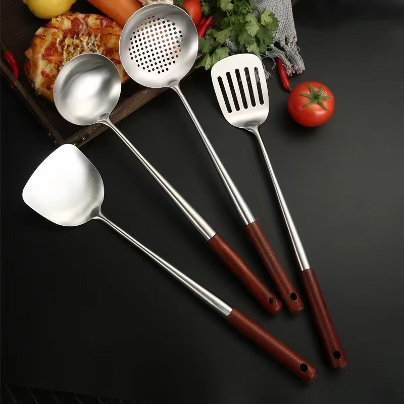 Paleta de acero inoxidable, mango de madera largo, pala de cocina, pala de chef, cuchara de cocina, utensilios de cocina domésticos resistentes a altas temperaturas y a las escaldaduras
