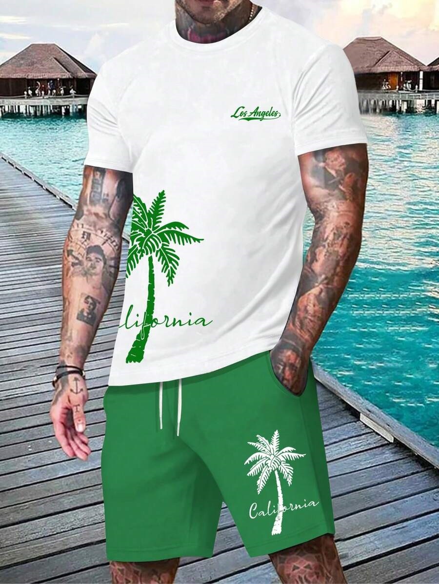Coconut Tree Lema Graffiti 3D Impresión digital Traje de hombre Camiseta Traje de hombre Cuello redondo Pantalones cortos con cordón de manga corta