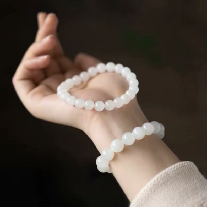 Vòng tay ngọc bích trắng Hetian tự nhiên Tân Cương hạt tròn đơn giản một vòng — Vòng tay cửa hàng ngọc bích trắng Hotan chính hãng Tân Cương tự nhiên chi tiết 3