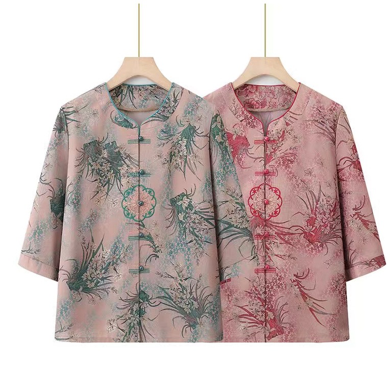 2024奶奶秋装衬衫中老年七分袖上衣妈妈秋季新款衬衣短袖套装老人