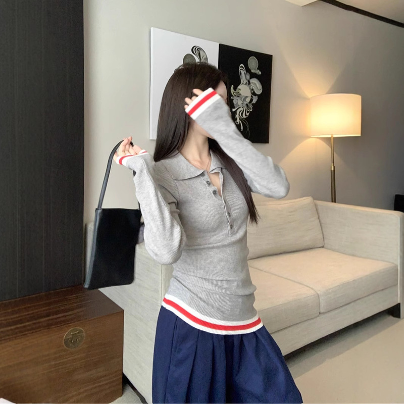 Korean-style Grey Polo Collar Long-sleeved Sweater Women's Autumn and Winter Design Color Matching Slim-fit Inner Base Shirt Top