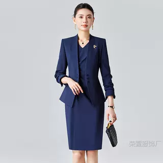 职业套装女秋藏青色西装连衣裙两件套春款小个子时尚美容师工作服