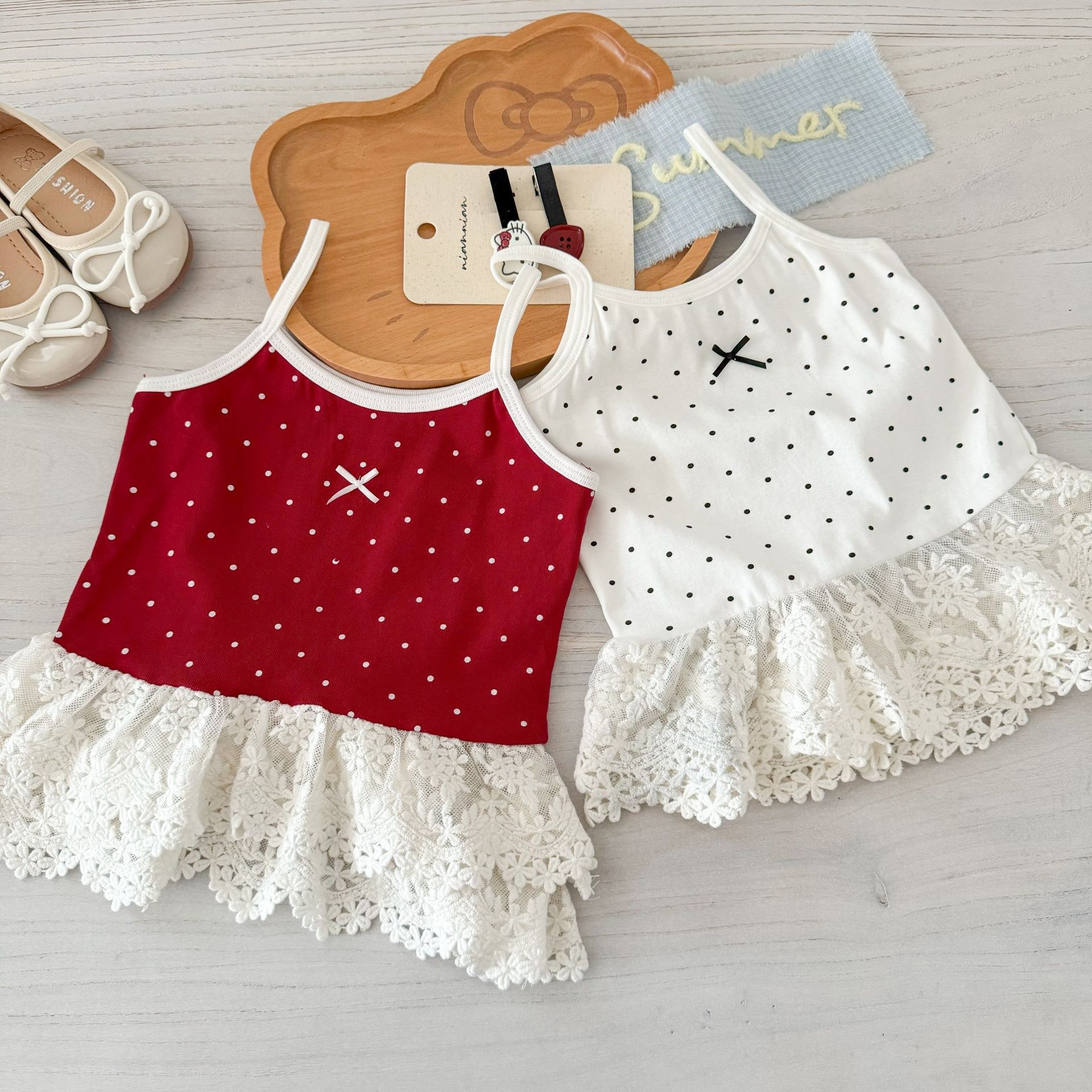 Limón salado siete verano cuello redondo mujer linda niña lunares estilo coreano tirantes vestido de niña chaleco de bebé todo fósforo